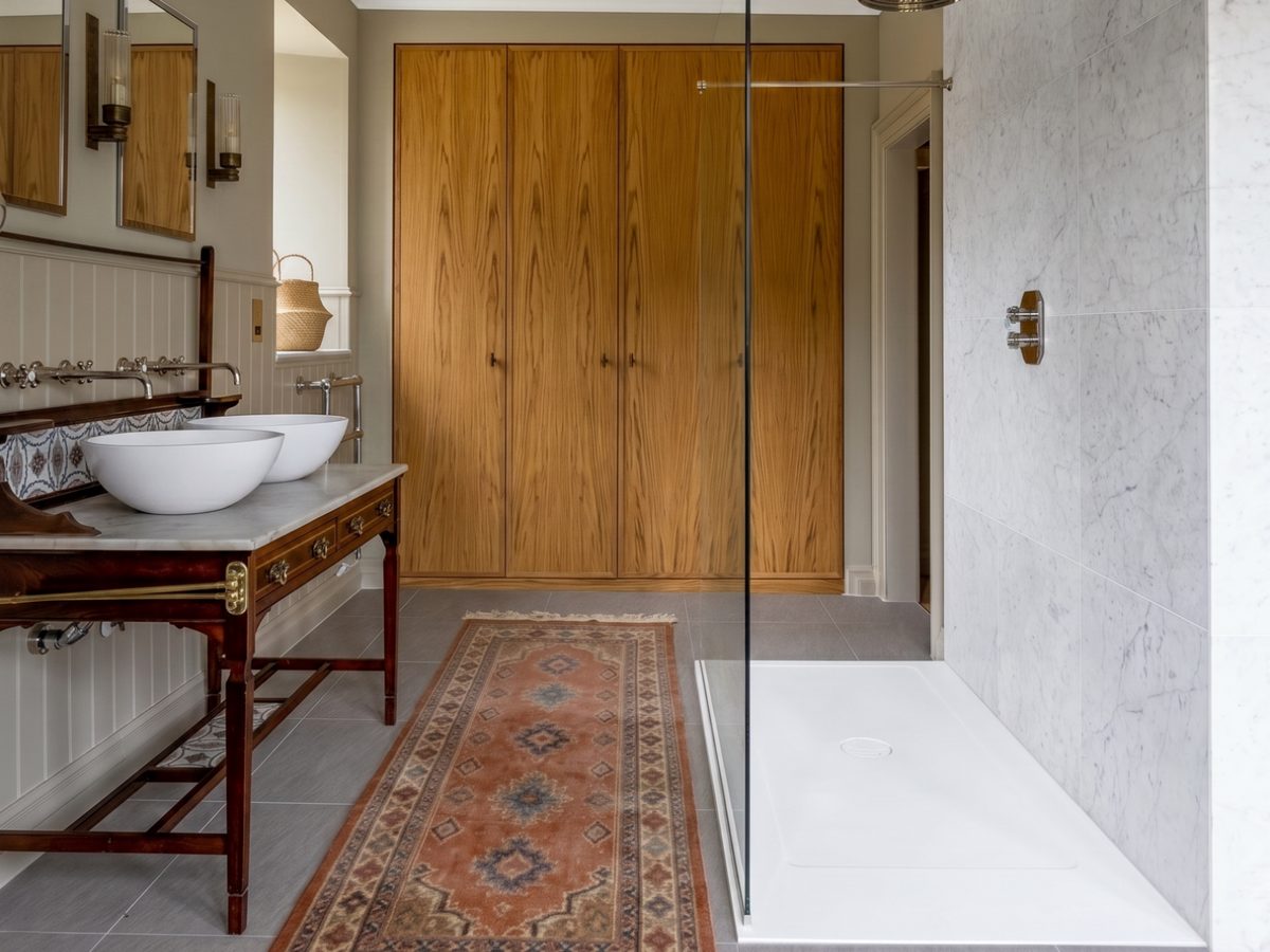 Country house bathroom with walk-in shower and antique vanity, interior design project by Seonaid Johnston