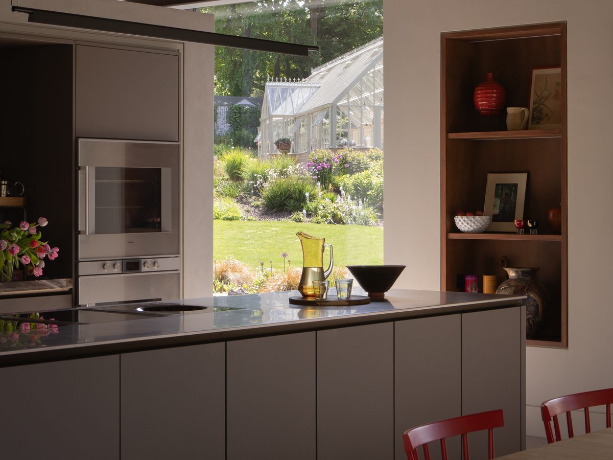 Kitchen with garden and greenhouse views, interior design project by Seonaid Johnston